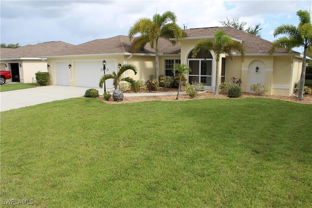 ranch-style home with stucco siding, driveway, an attached garage, and a front lawn