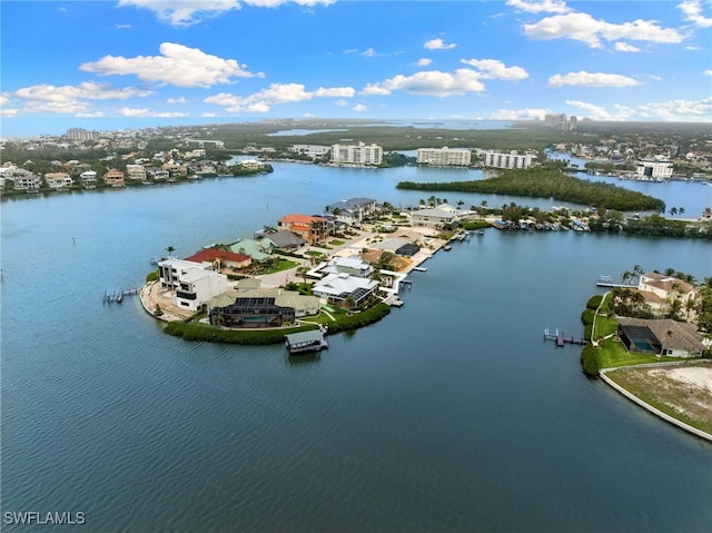 drone / aerial view featuring a water view