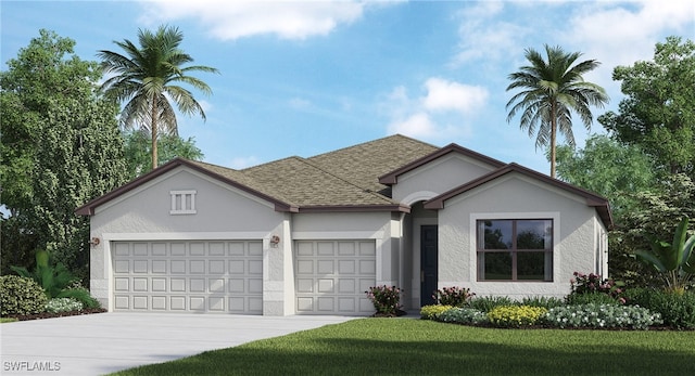 ranch-style house with stucco siding, a front lawn, concrete driveway, an attached garage, and a shingled roof