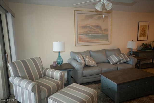 living room featuring ceiling fan