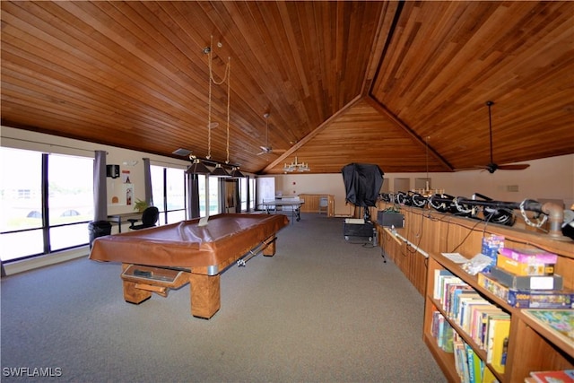 rec room with carpet flooring, wooden ceiling, billiards, and lofted ceiling