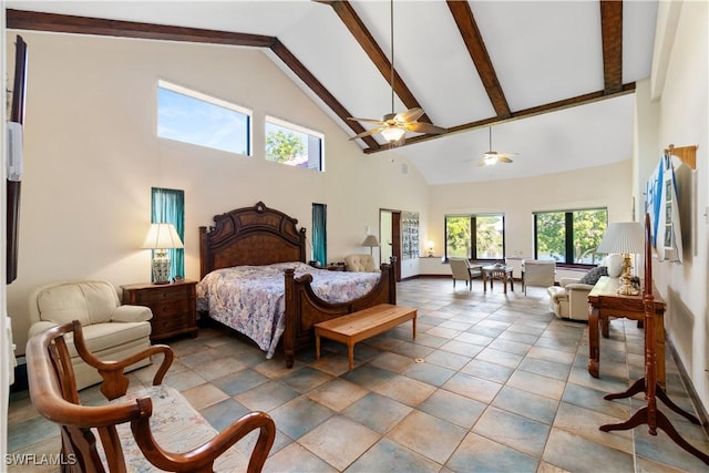 bedroom with beamed ceiling, baseboards, and high vaulted ceiling