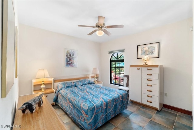 bedroom with a ceiling fan and baseboards