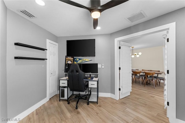 home office with light wood finished floors, visible vents, ceiling fan, and baseboards