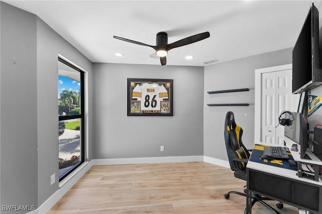 office area with ceiling fan, baseboards, light wood-style flooring, and recessed lighting