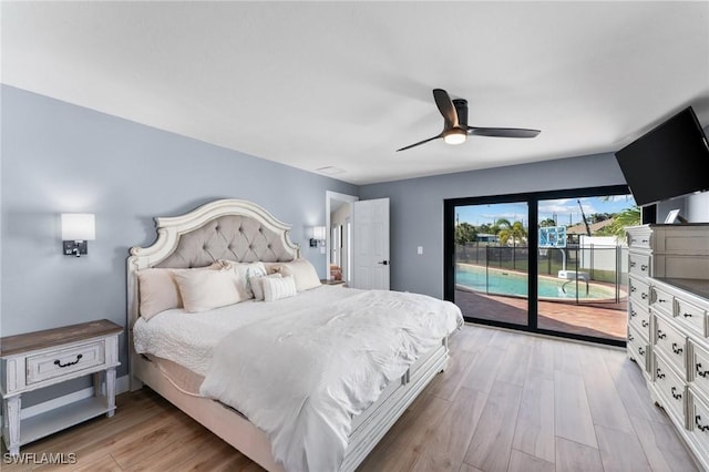 bedroom with light wood finished floors, a ceiling fan, and access to outside