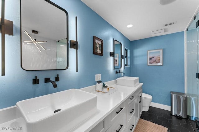 bathroom featuring tile patterned flooring, an enclosed shower, toilet, and a sink