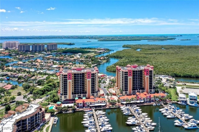 drone / aerial view featuring a city view and a water view