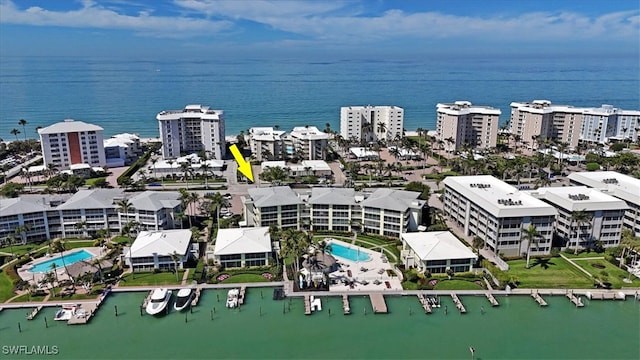 aerial view with a view of city and a water view