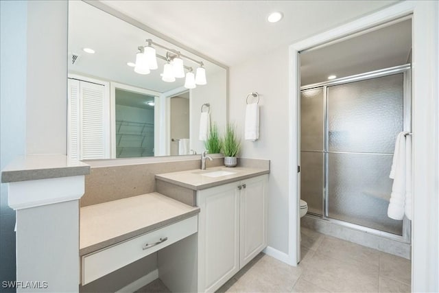 full bathroom with vanity, a stall shower, tile patterned flooring, a closet, and toilet