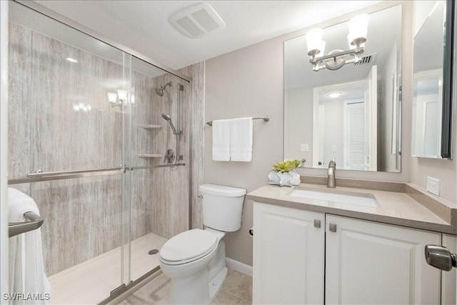 full bath with visible vents, vanity, toilet, and a shower stall