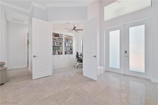 entryway with marble finish floor, ornamental molding, a ceiling fan, french doors, and baseboards