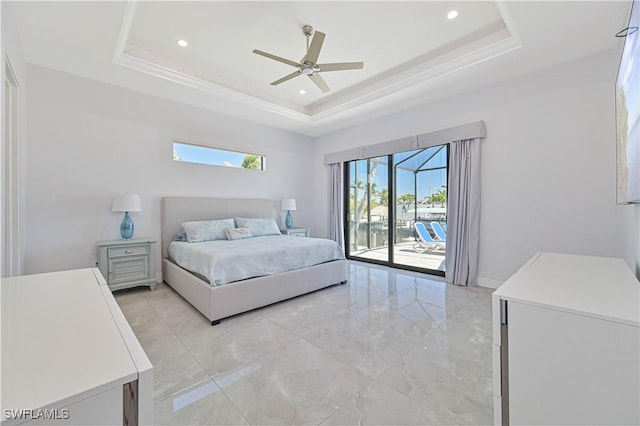 bedroom with recessed lighting, ceiling fan, access to exterior, a raised ceiling, and marble finish floor