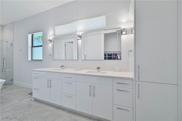 bathroom featuring double vanity, baseboards, a stall shower, and a sink