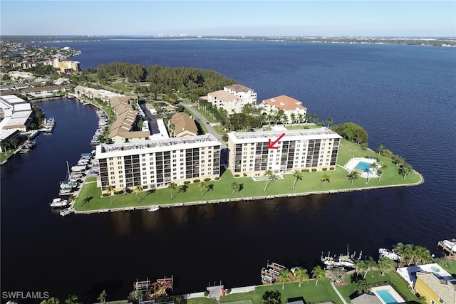 aerial view featuring a water view