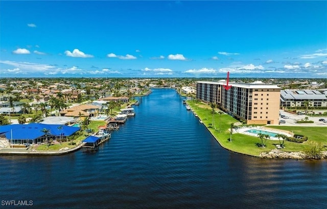 drone / aerial view with a water view