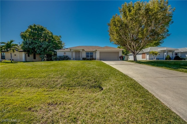 single story home with stucco siding, concrete driveway, a front lawn, and a garage