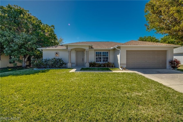 ranch-style house featuring stucco siding, driveway, a garage, and a front yard