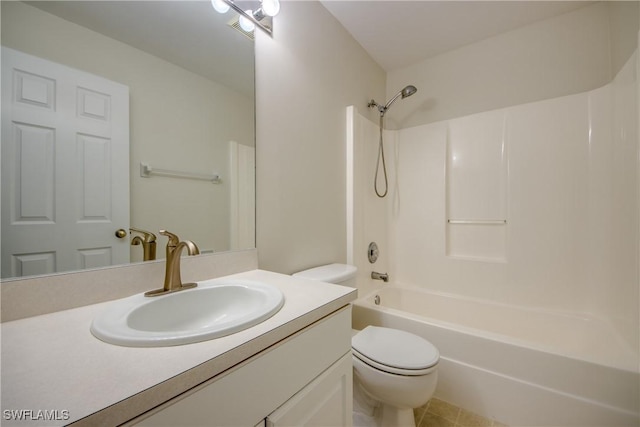 full bath with vanity,  shower combination, toilet, and tile patterned floors