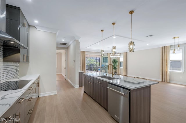 kitchen featuring stainless steel dishwasher, modern cabinets, wall chimney exhaust hood, black electric cooktop, and a sink