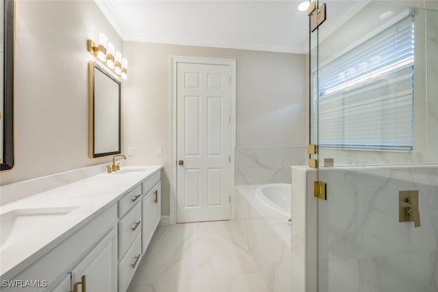 bathroom featuring a garden tub, double vanity, ornamental molding, marble finish floor, and a sink