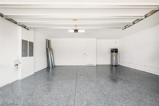 garage with electric panel and water heater