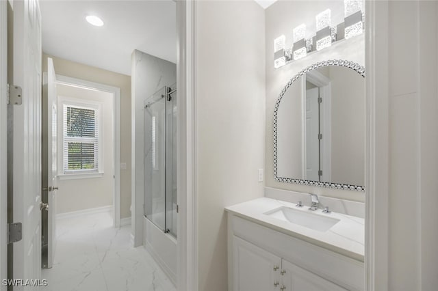 full bathroom featuring recessed lighting, marble finish floor, vanity, and baseboards