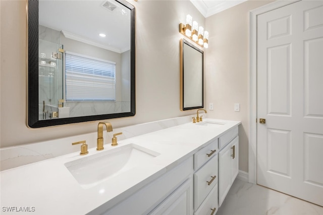bathroom featuring crown molding, visible vents, marble finish floor, and a sink