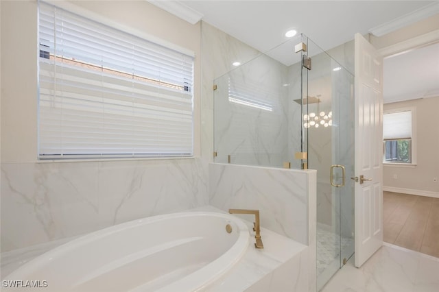 bathroom featuring recessed lighting, a marble finish shower, a garden tub, and marble finish floor