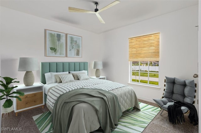 carpeted bedroom with ceiling fan