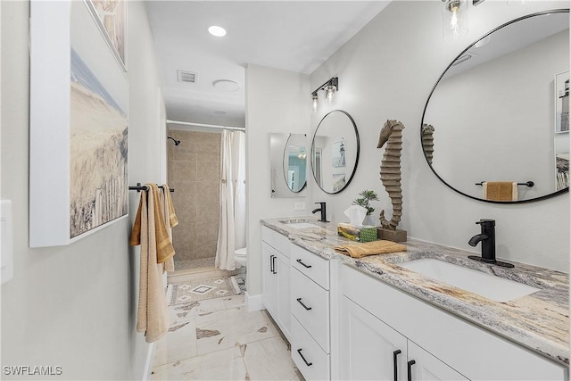 full bath with a shower stall, visible vents, marble finish floor, and a sink