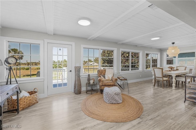 sitting room featuring baseboards, beam ceiling, wood finished floors, and wooden ceiling