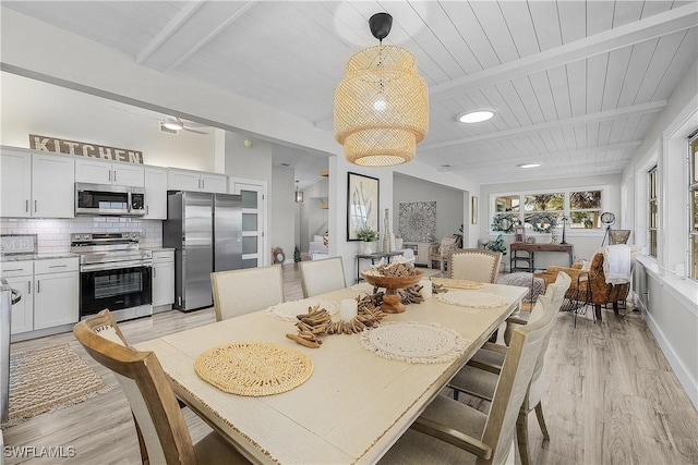 dining space featuring baseboards, beam ceiling, light wood-style flooring, and wooden ceiling