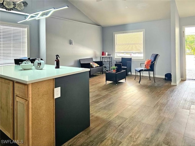 5529/5531 10th Ave, Fort Myers, FL 33907 - kitchen featuring light wood-type flooring, light countertops, lofted ceiling, a center island, and baseboards