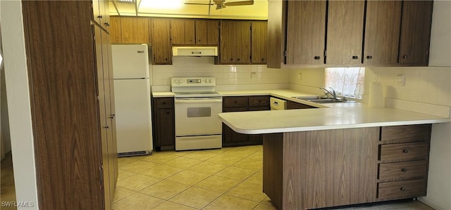 kitchen with a sink, ventilation hood, white appliances, a peninsula, and light countertops