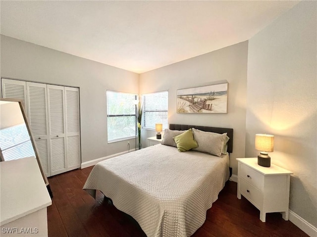 bedroom with dark wood finished floors, baseboards, and a closet