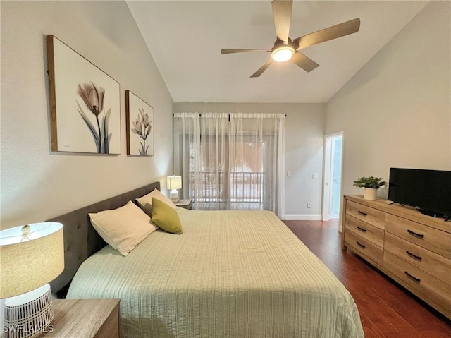 bedroom featuring ceiling fan, baseboards, lofted ceiling, and wood finished floors