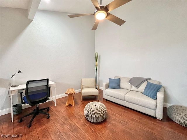 office with ceiling fan, baseboards, and hardwood / wood-style floors