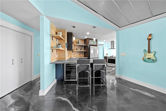 kitchen featuring beverage cooler, stainless steel electric range, freestanding refrigerator, wall chimney exhaust hood, and open shelves