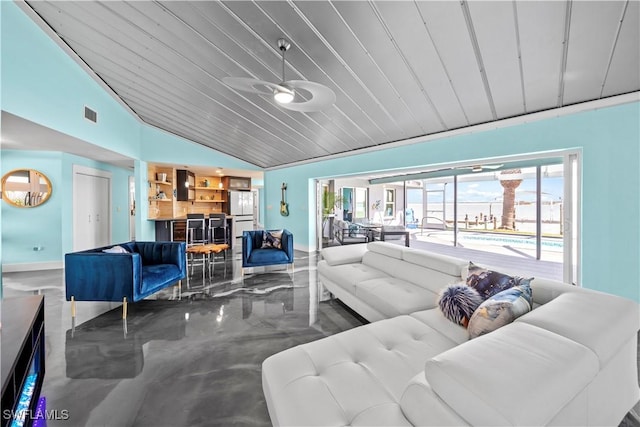 living area with visible vents, baseboards, wood ceiling, vaulted ceiling, and a ceiling fan