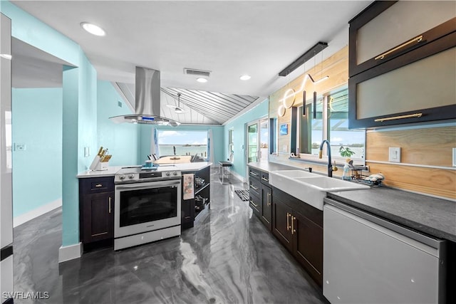 kitchen with a sink, dishwashing machine, wall chimney range hood, stainless steel electric range oven, and lofted ceiling