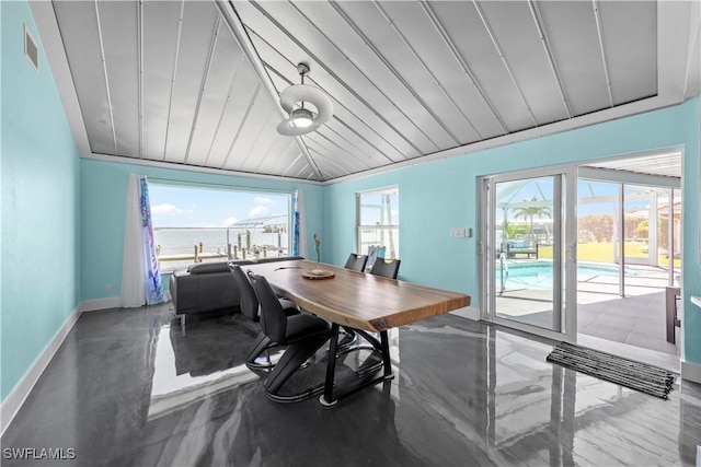 dining area featuring wood ceiling, visible vents, baseboards, and a healthy amount of sunlight