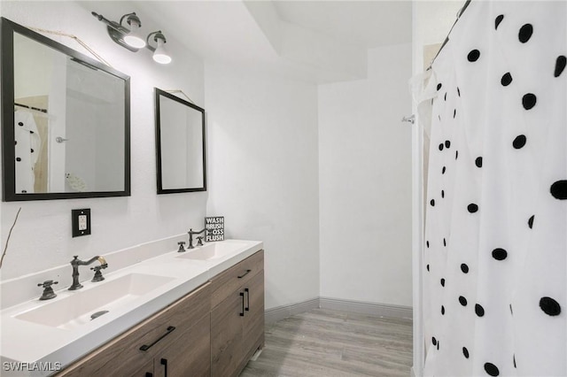 bathroom with a sink, baseboards, wood finished floors, and double vanity