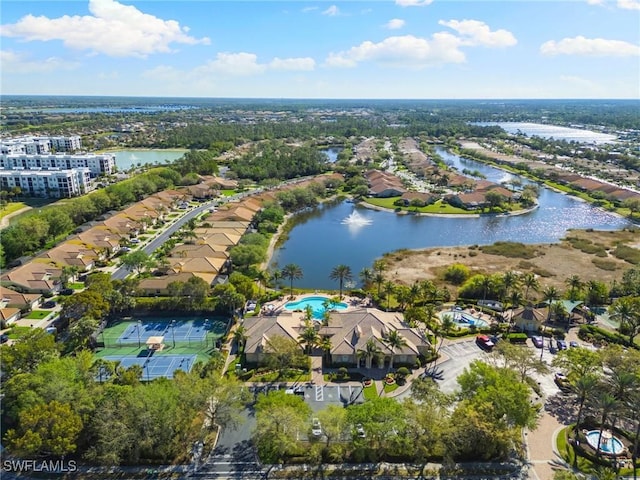 drone / aerial view with a water view