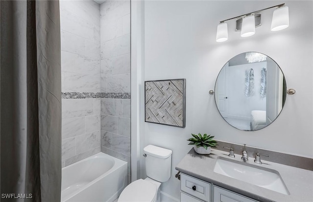 bathroom featuring toilet, vanity, and shower / tub combo with curtain