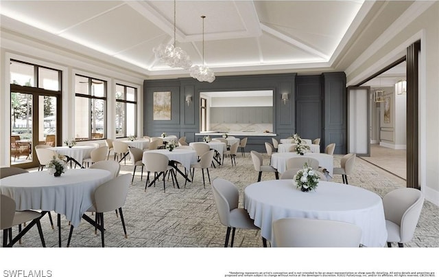 dining space with a decorative wall and coffered ceiling