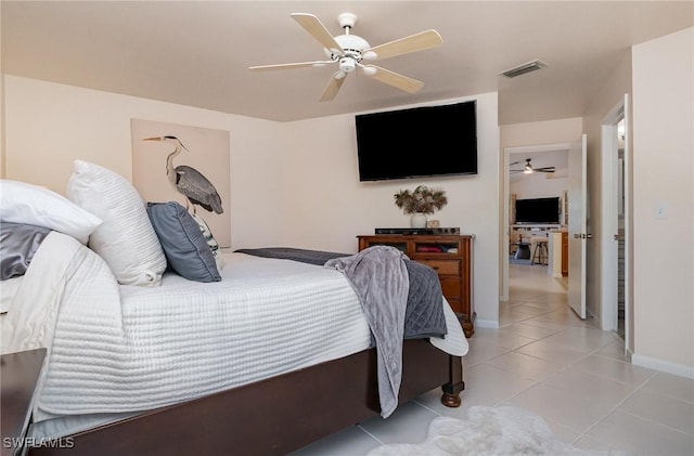 bedroom with light tile patterned floors, a ceiling fan, and visible vents