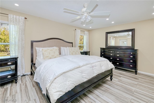 bedroom featuring recessed lighting, baseboards, and ceiling fan