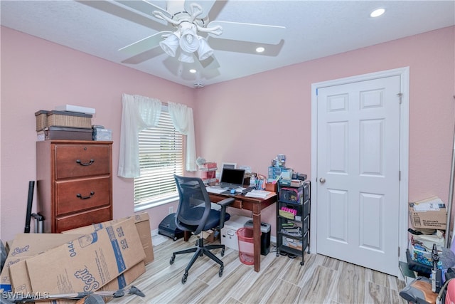 office space with recessed lighting, wood finished floors, and ceiling fan