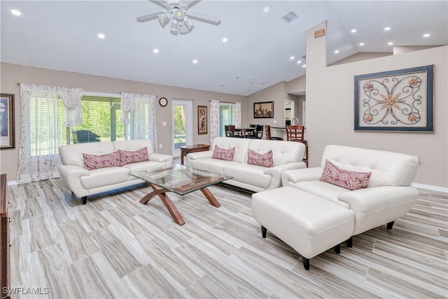 living area with baseboards, visible vents, lofted ceiling, recessed lighting, and ceiling fan